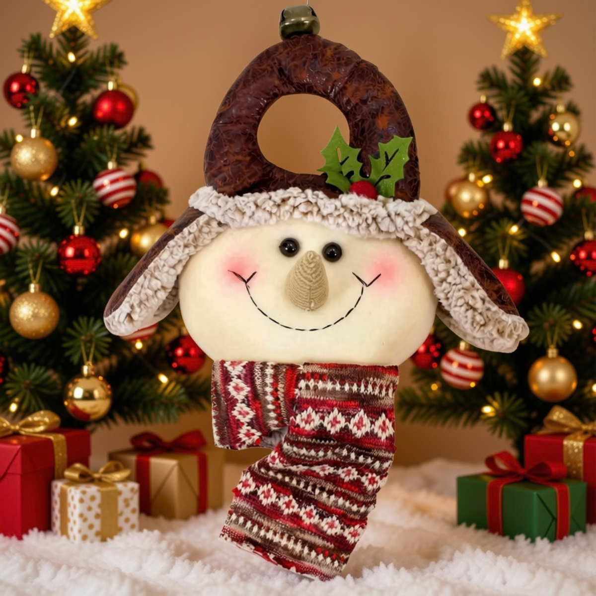 Enfeite Natal Boneco de Neve Marrom com Árvore de Natal 38,5cm, Boneco Neve Árvore