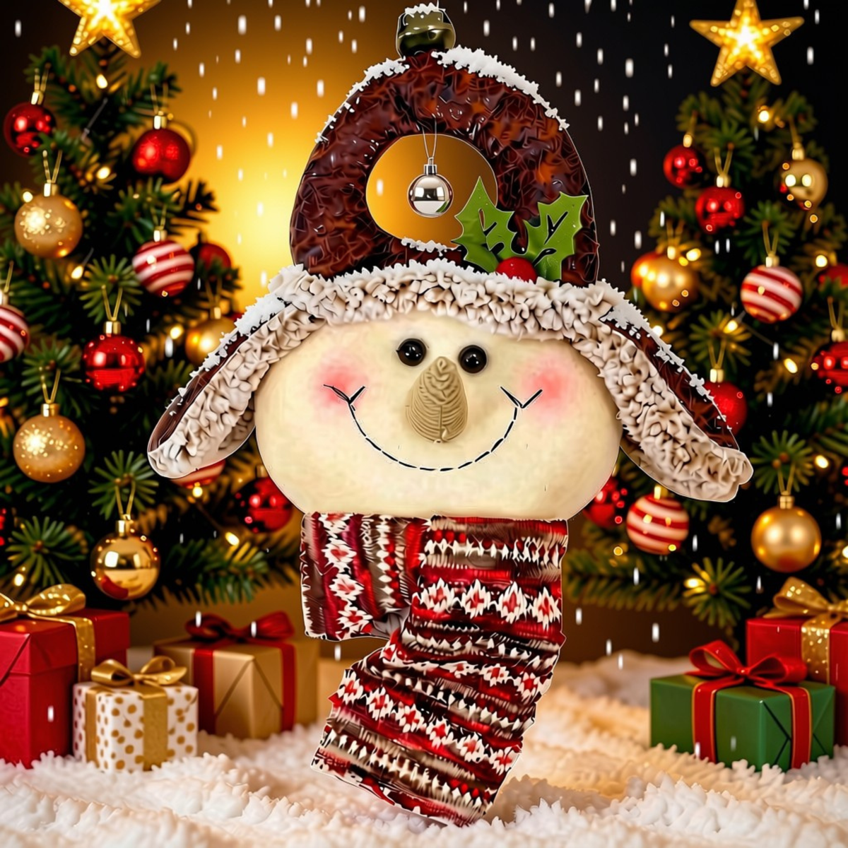 Enfeite Natal Boneco de Neve Marrom com Árvore de Natal 38,5cm, Boneco Neve Árvore