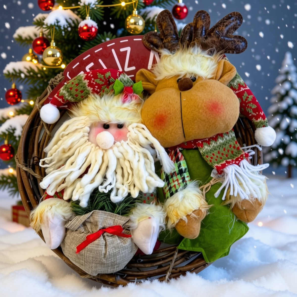 Guirlanda Natal Decorativa Poliéster Papai Noel e Rena, Enfeite Natal Papai Noel 36cm*36cm