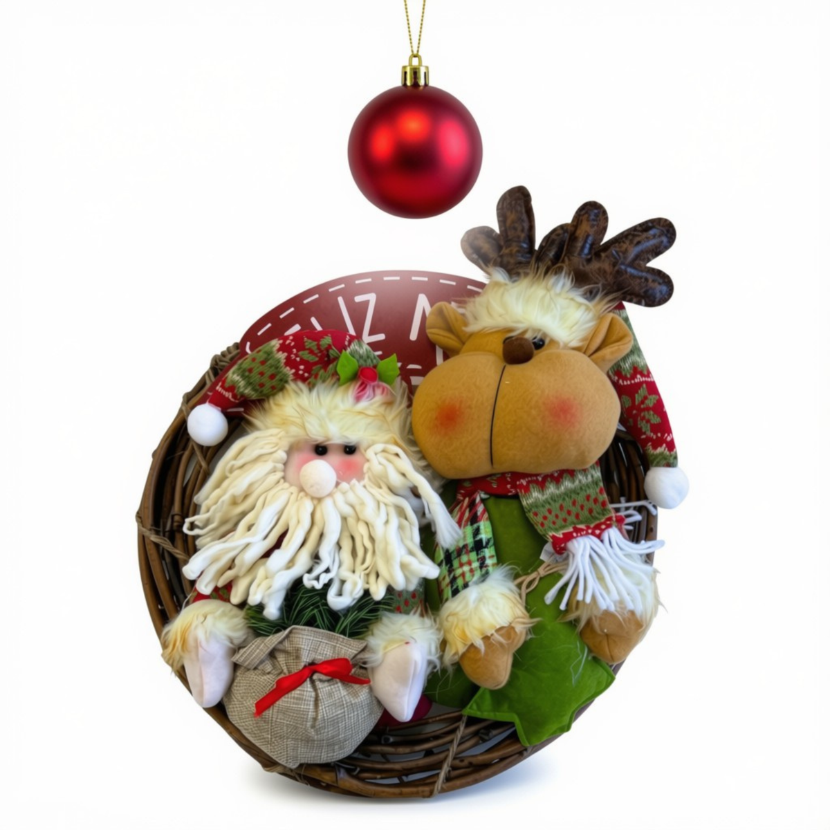 Guirlanda Natal Decorativa Poliéster Papai Noel e Rena, Enfeite Natal Papai Noel 36cm*36cm