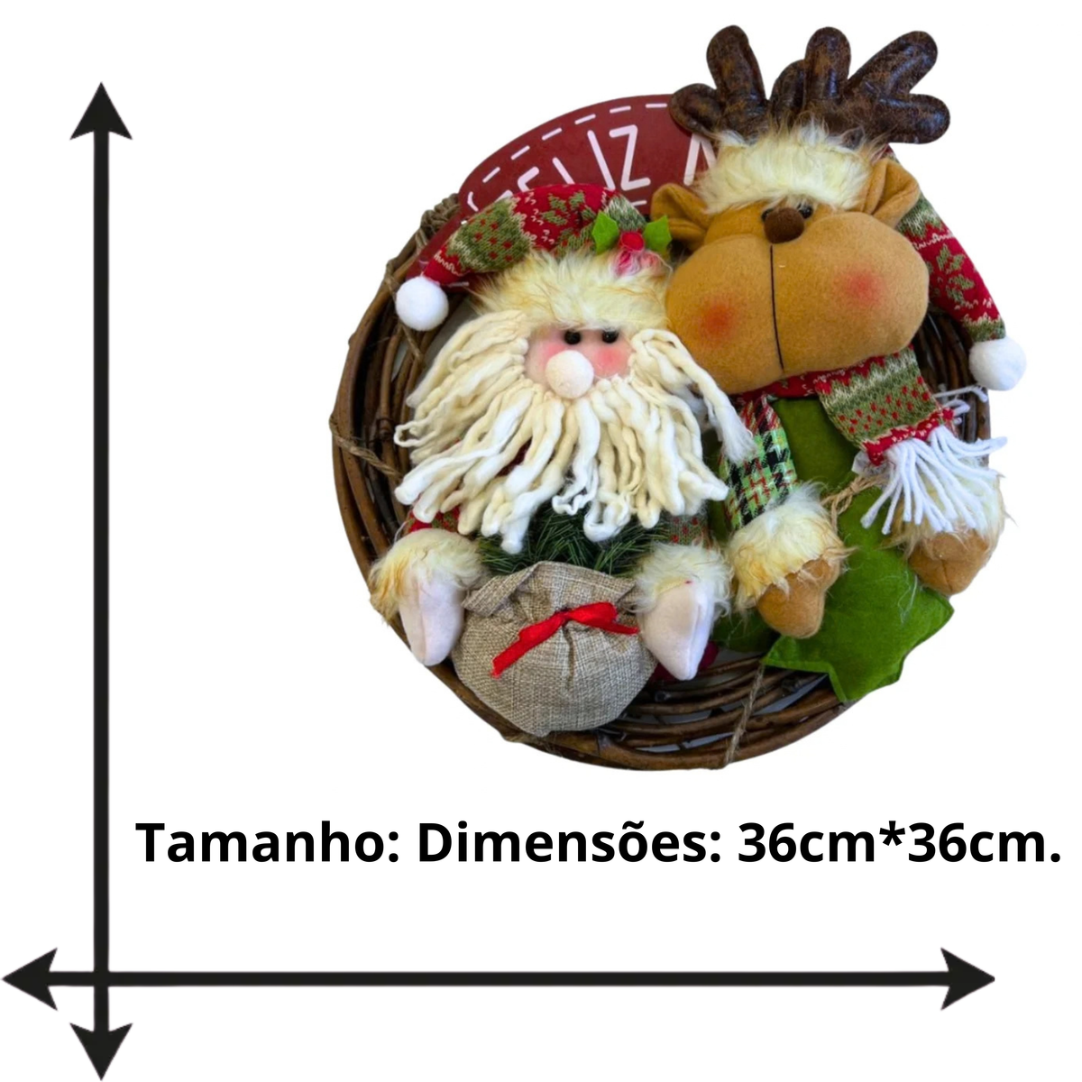 Guirlanda Natal Decorativa Poliéster Papai Noel e Rena, Enfeite Natal Papai Noel 36cm*36cm