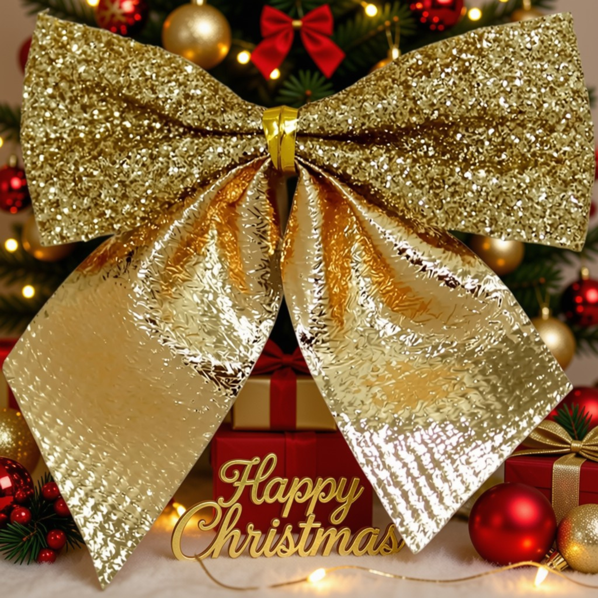 Laço Glitter Dourado Natal, Kit Enfeite Árvore de Natal Laço Lacinho Glitter Dourado