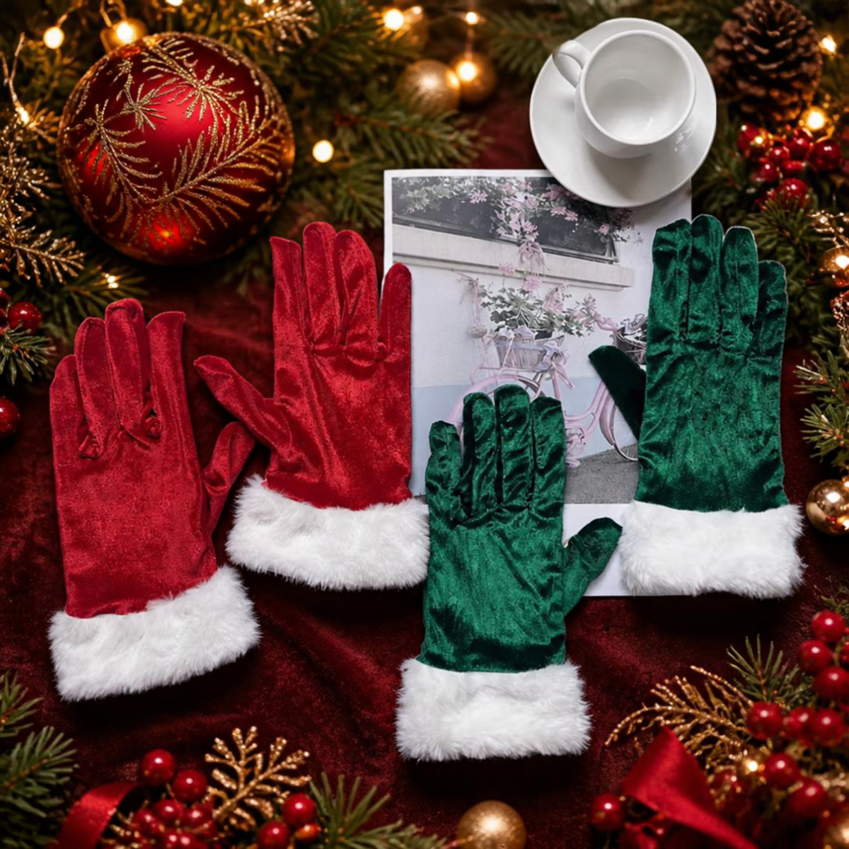 Luva de Natal para Fantasia Papai Noel Veludo com Pelo Branco, Par de Luvas Papai Noel Luxo Aveludada