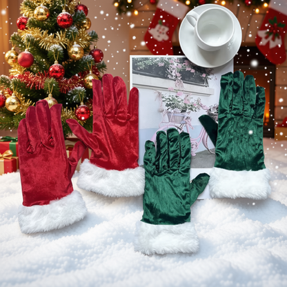 Luva de Natal para Fantasia Papai Noel Veludo com Pelo Branco, Par de Luvas Papai Noel Luxo Aveludada