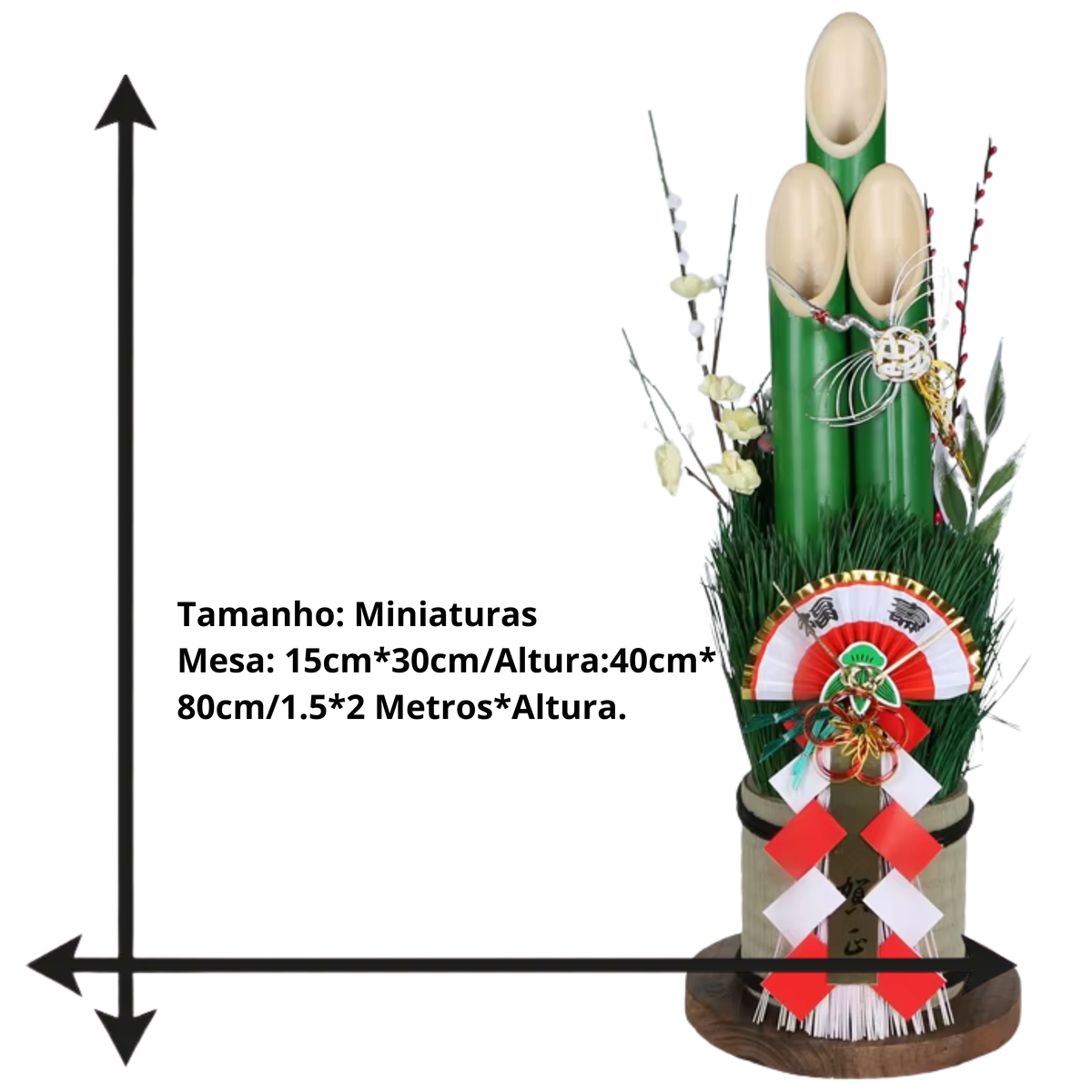 Vaso Três Tubos Leque Dourado com Placa de Madeira, Adorno de Mesa de Ano Novo Japonês (Kadomatsu)