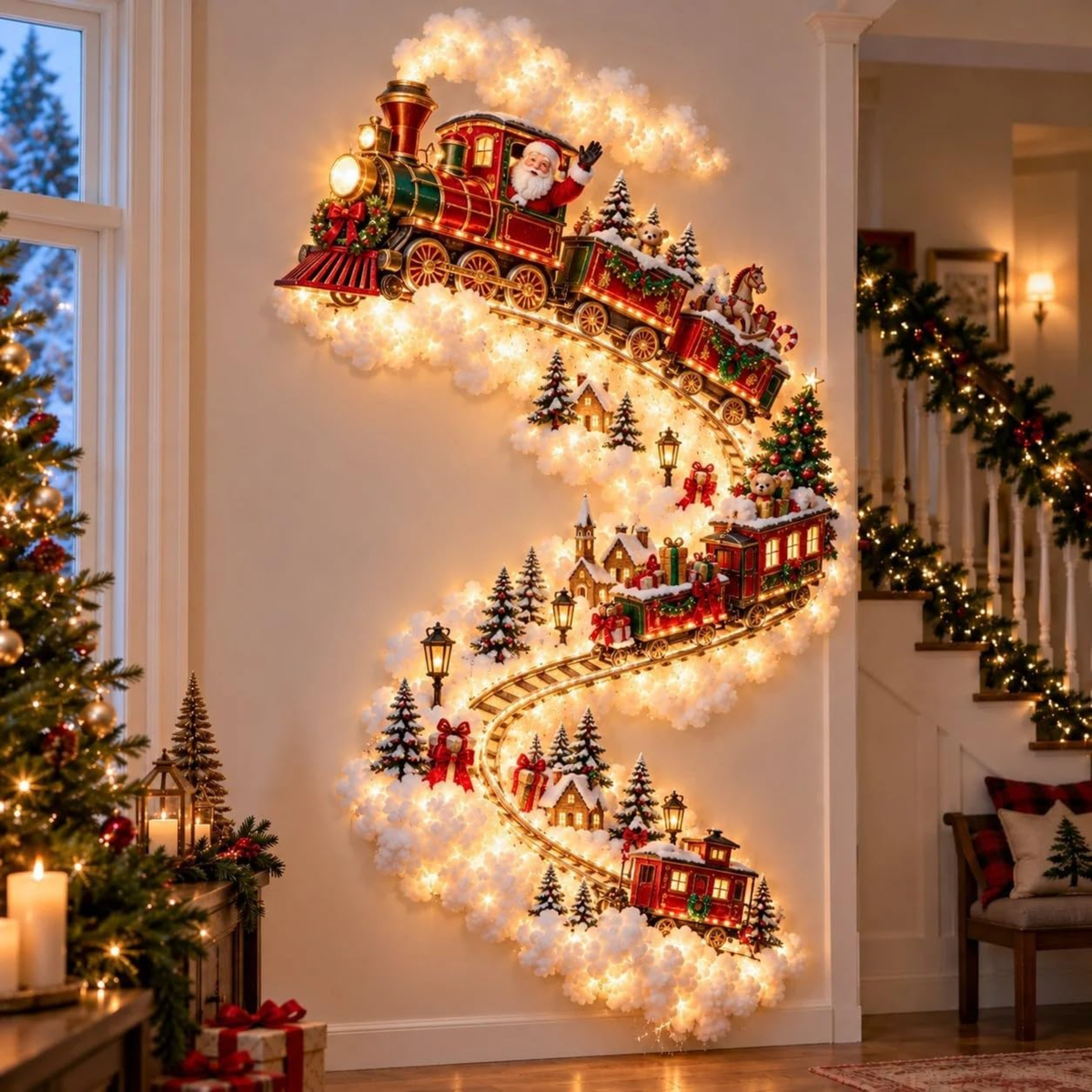 Luminária de Parede Caminho Mágico de Natal, Decoração de Parede com Cena Natalina em LED 3D Brilhante