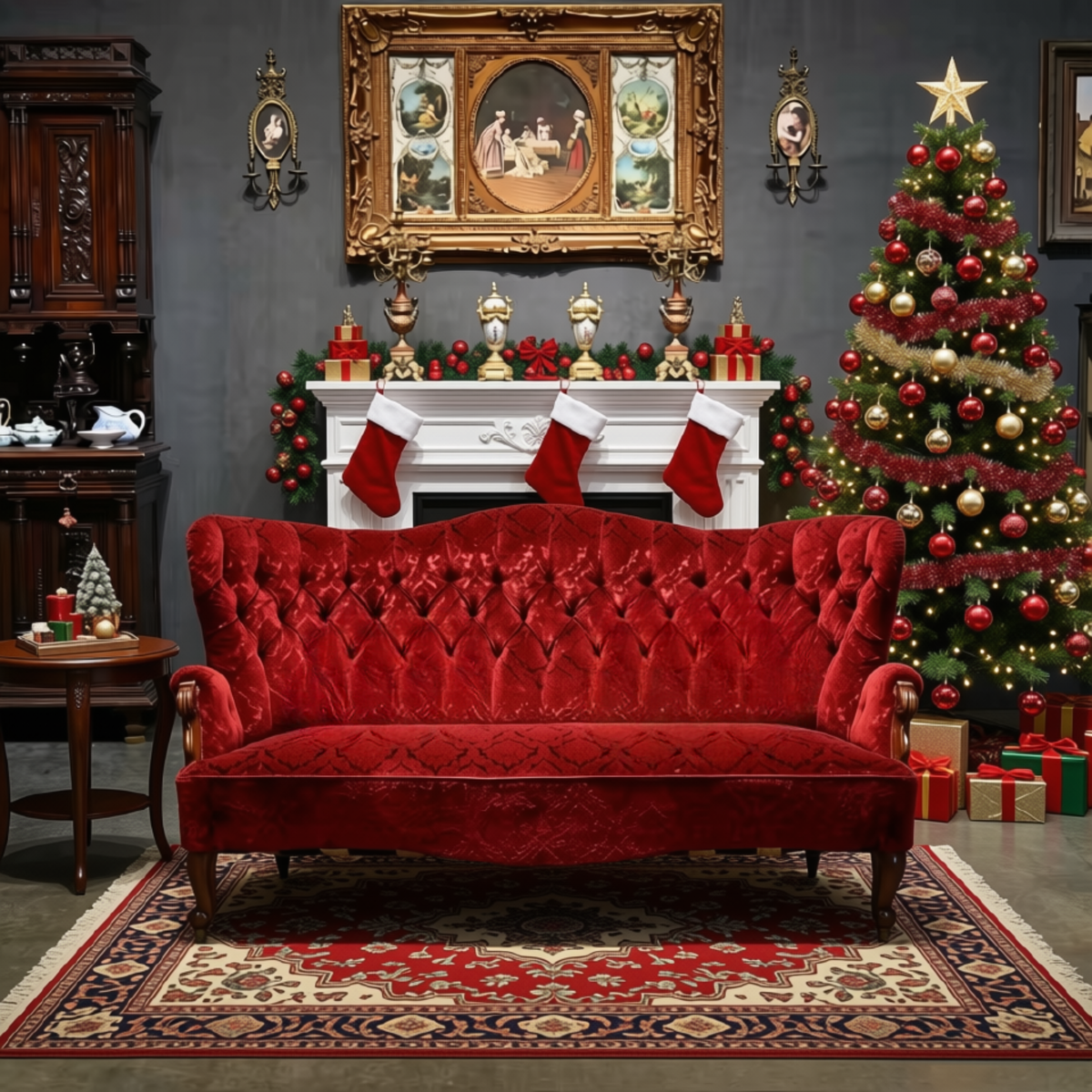 Tronos Clássicos Natalinos Vermelho e Veludo, Trono de Natal Luxo para Shopping Center
