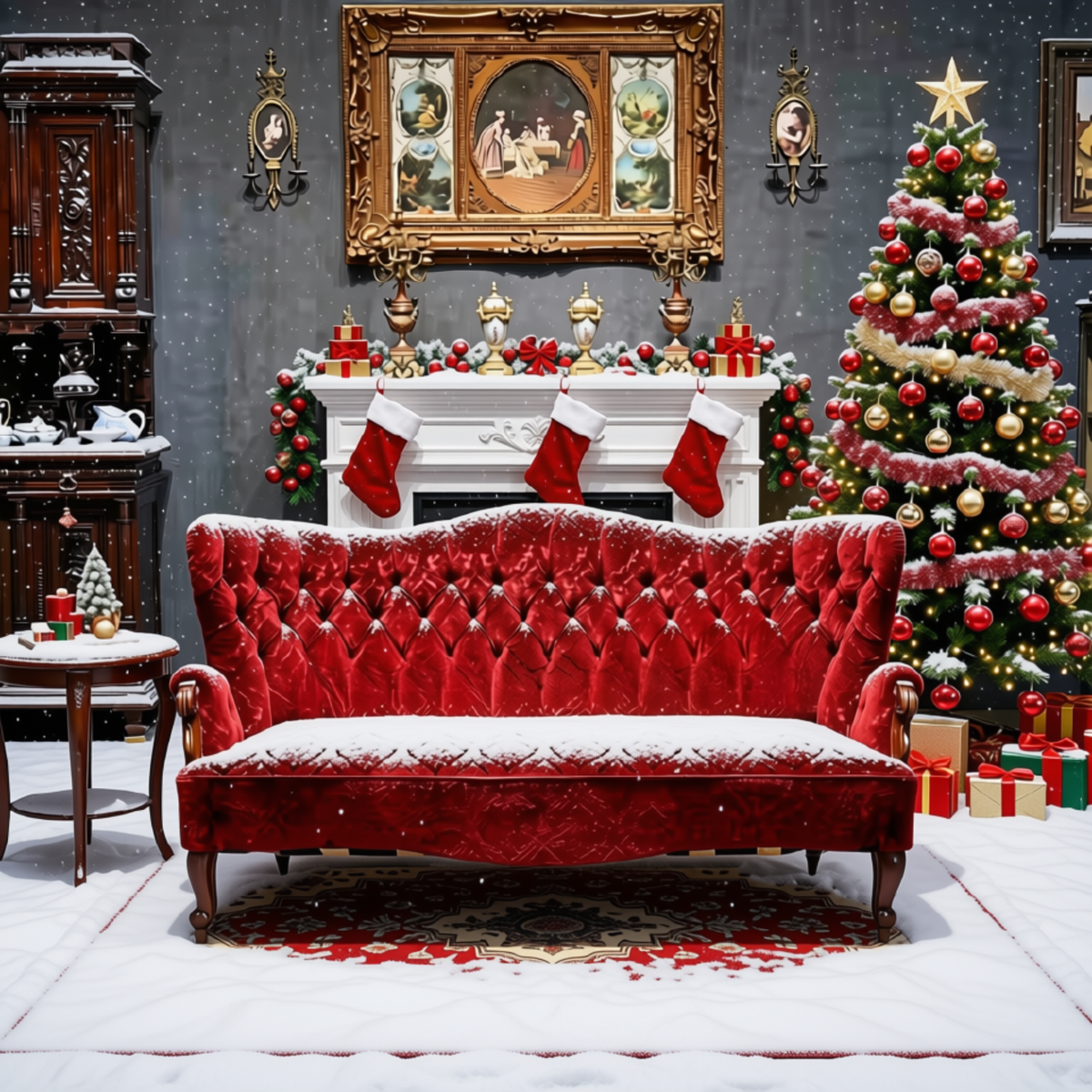 Tronos Clássicos Natalinos Vermelho e Veludo, Trono de Natal Luxo para Shopping Center
