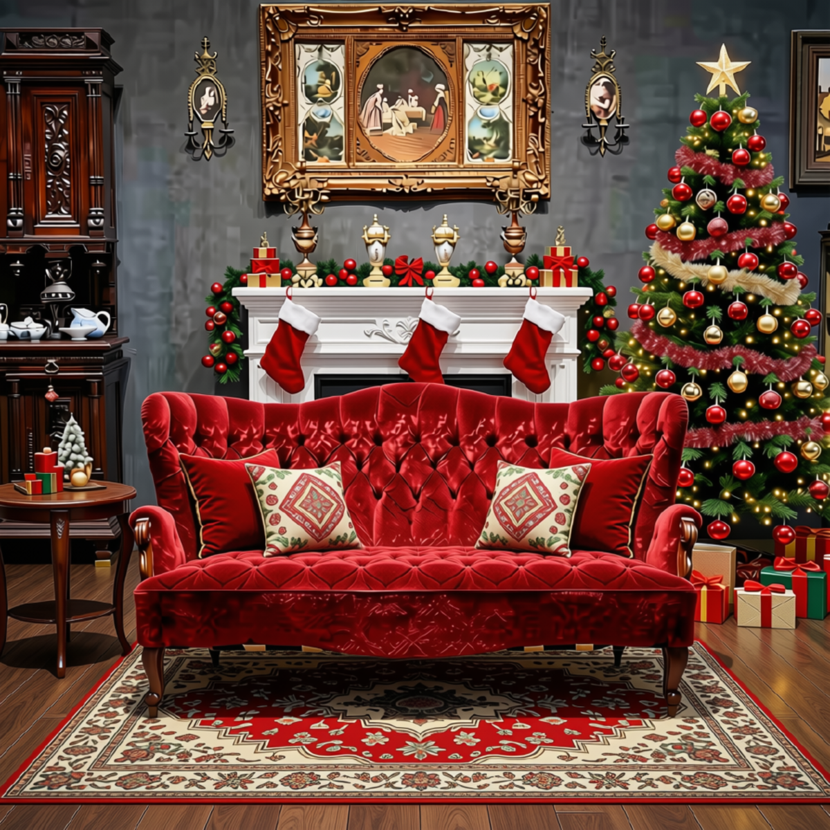 Tronos Clássicos Natalinos Vermelho e Veludo, Trono de Natal Luxo para Shopping Center