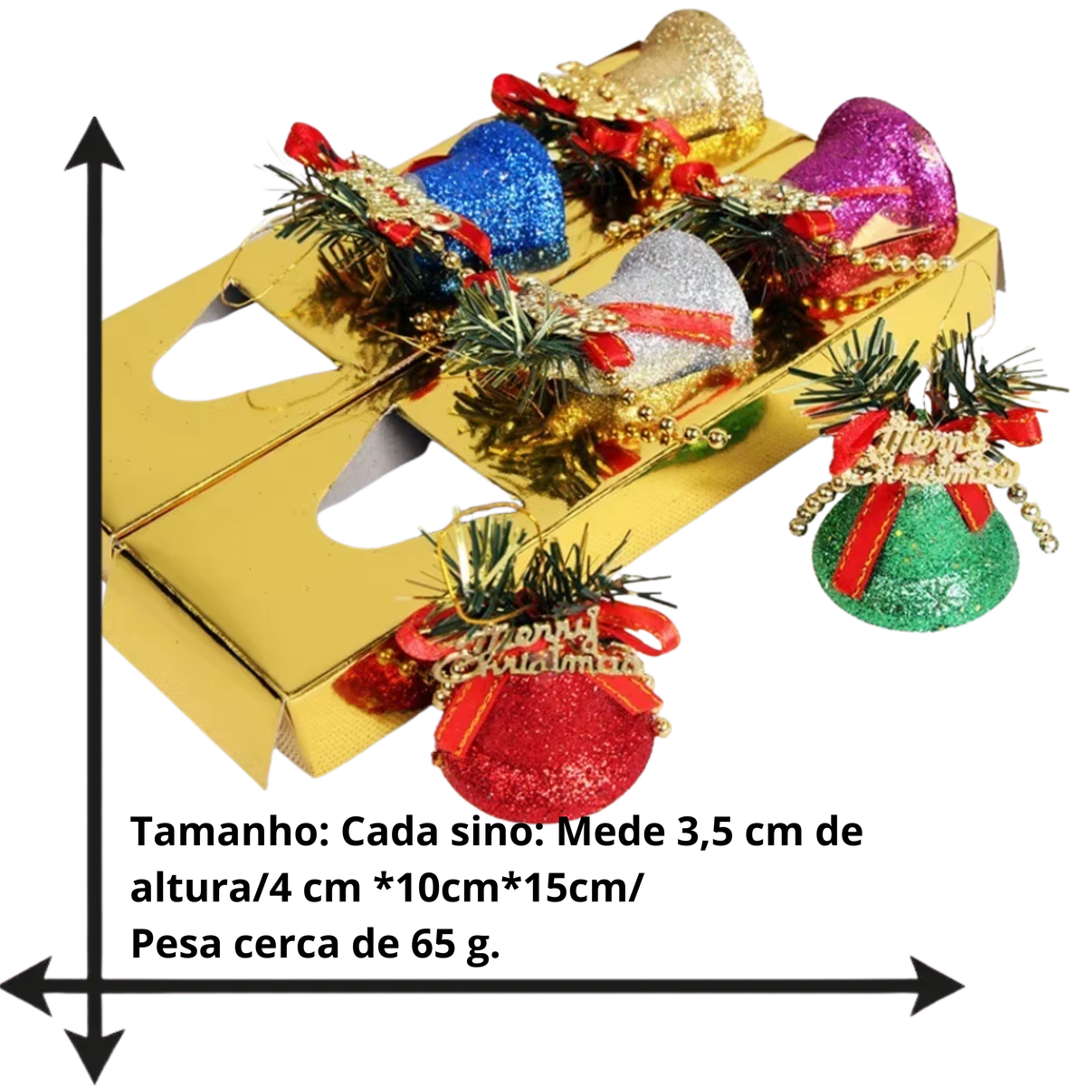 kits Enfeites 6 peças Natalinos em Formato Sinos Coloridos Laços Detalhes Brilhantes