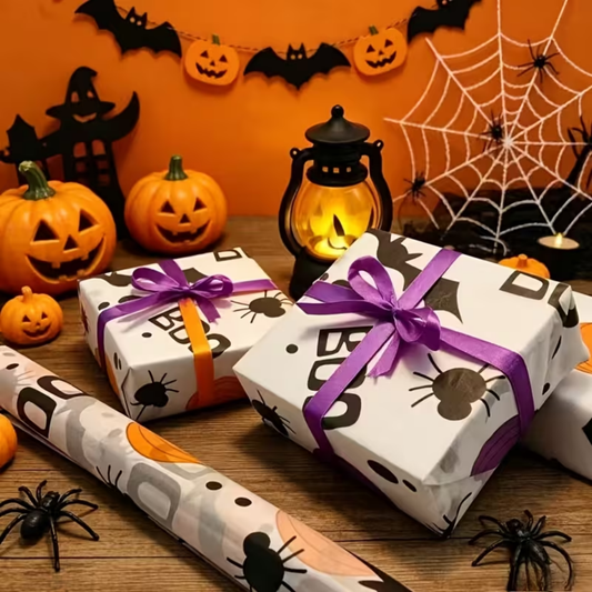 Papel de Seda Decorativo (ou Papel de Embrulho Semitransparente) com Tema de Halloween Morcegos  "BOO"