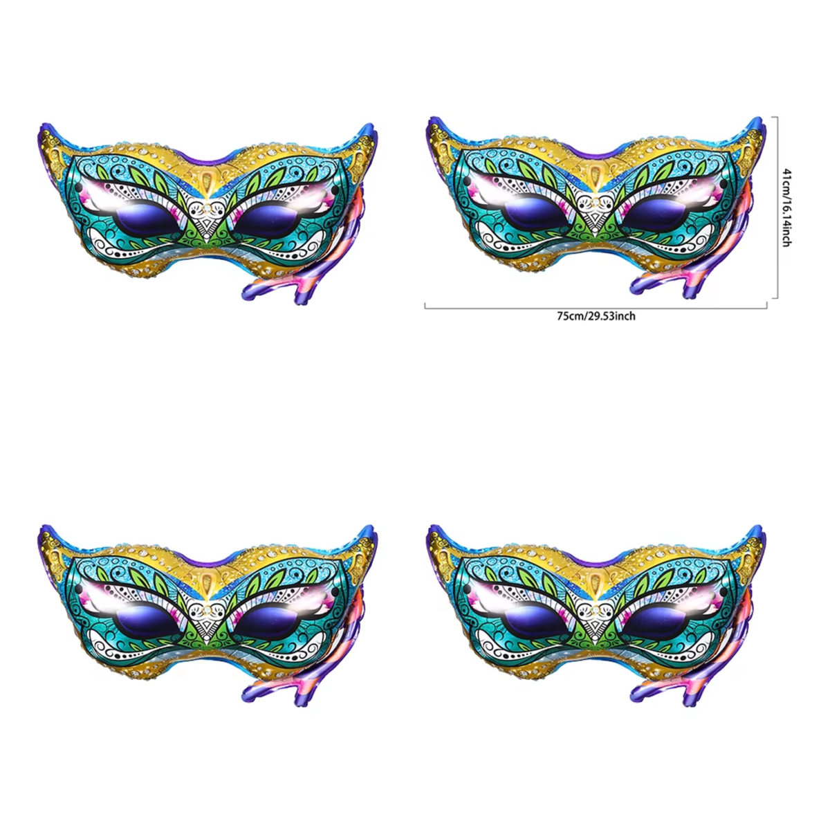 Kits Balões Carnaval Pacote com 4 Balões de Alumínio em Formato de Máscara de Carnaval ou Baile de Máscaras