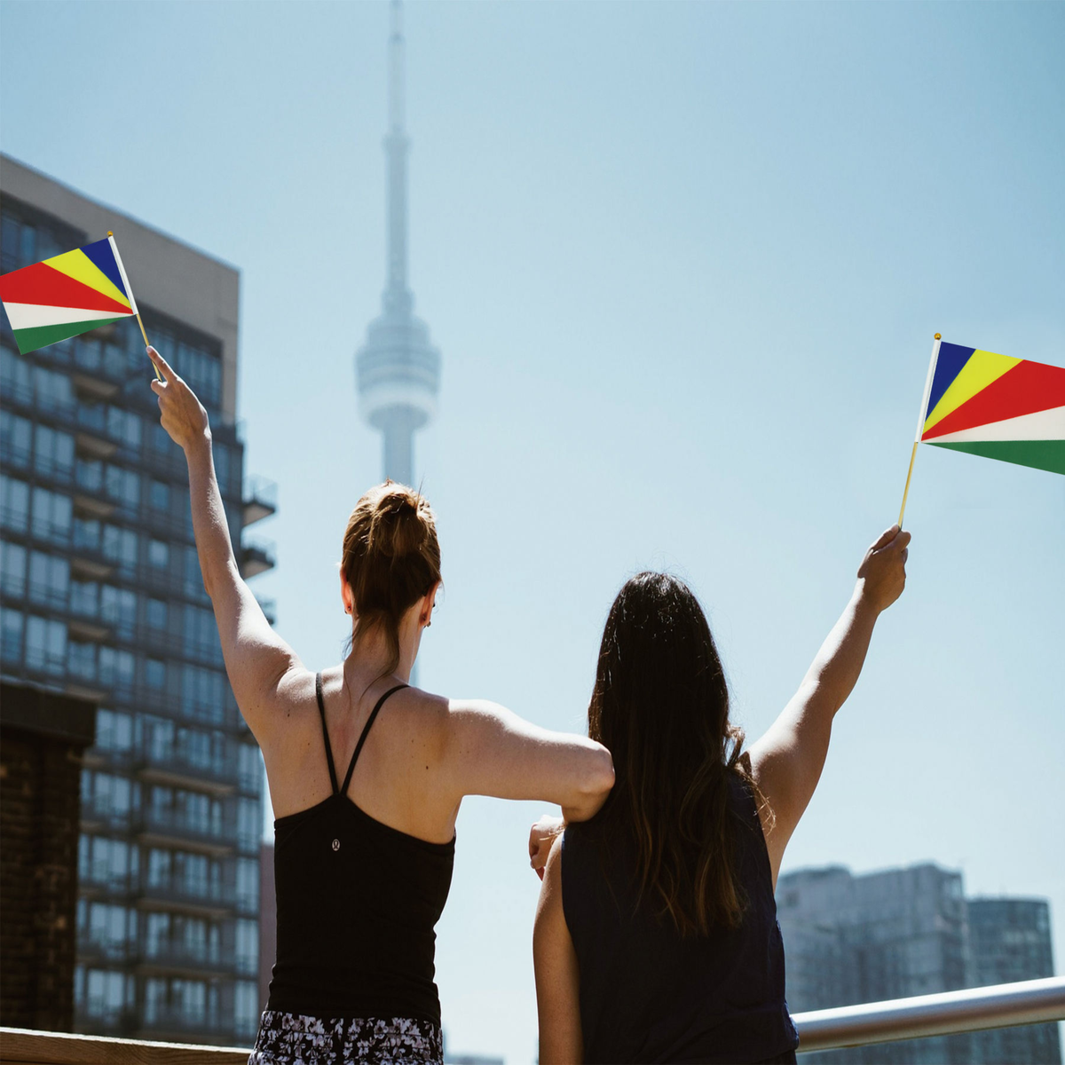 Bandeira de Seicheles (Seychelles), Exibida com Suas Dimensões de 21 cm de Largura por 14 cm de Altura