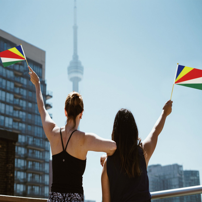 Bandeira de Seicheles (Seychelles), Exibida com Suas Dimensões de 21 cm de Largura por 14 cm de Altura