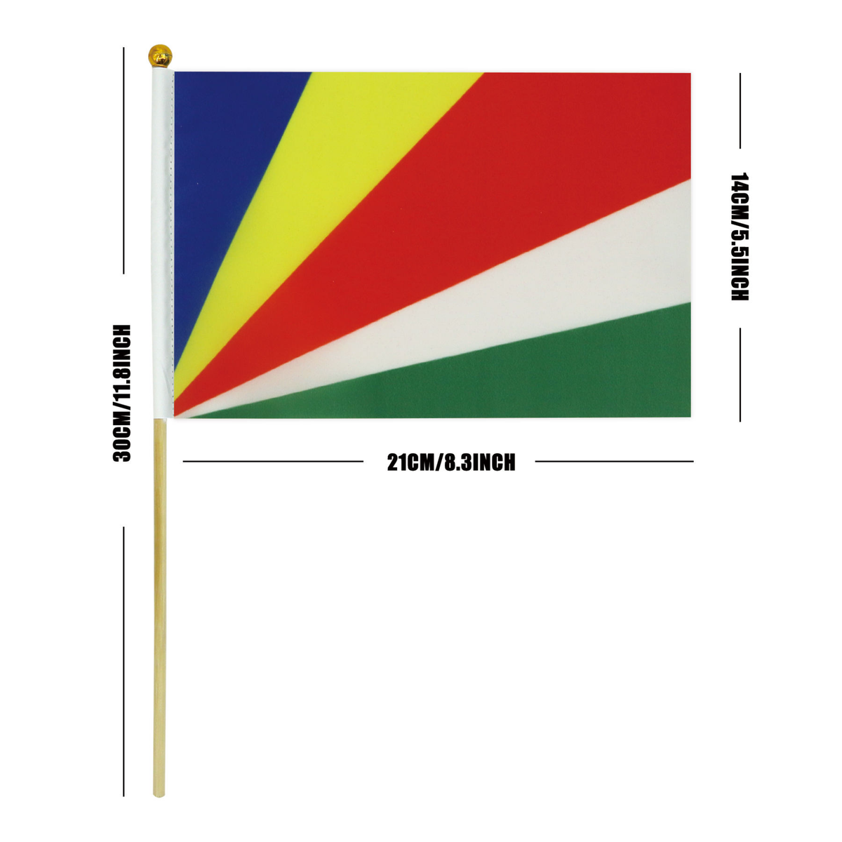 Bandeira de Seicheles (Seychelles), Exibida com Suas Dimensões de 21 cm de Largura por 14 cm de Altura