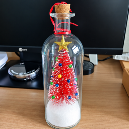 Enfeites de Natal Luminosos em Formato de Garrafa de Vidro com Miniaturas de Árvore de Natal e Papai Noel