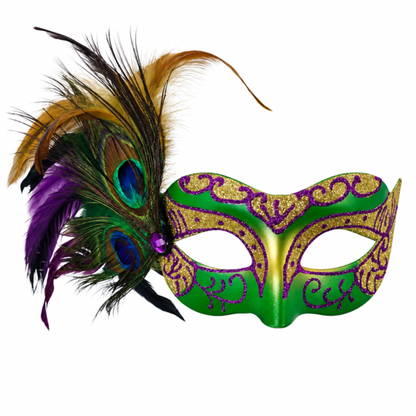 Máscara de Baile de Carnaval Estilo Veneziano Carnaval Enfeitada com Glitter nas Cores Verde, Dourado e Roxo