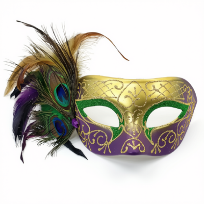Máscara de Baile de Carnaval Estilo Veneziano Carnaval Enfeitada com Glitter nas Cores Verde, Dourado e Roxo