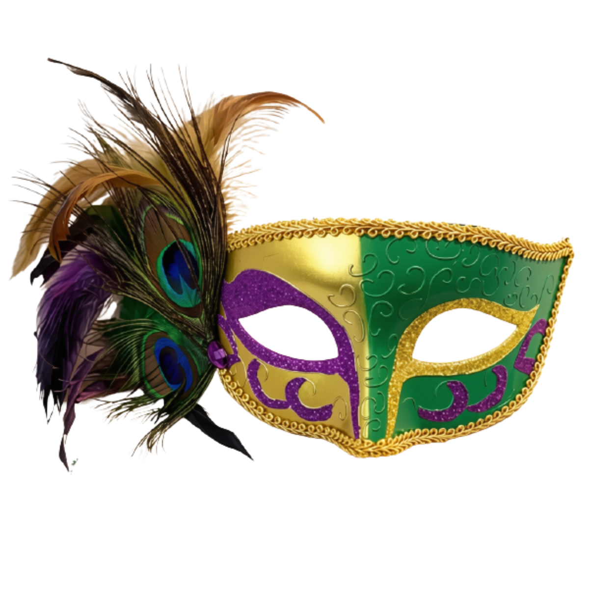 Máscara de Baile de Carnaval Estilo Veneziano Carnaval Enfeitada com Glitter nas Cores Verde, Dourado e Roxo