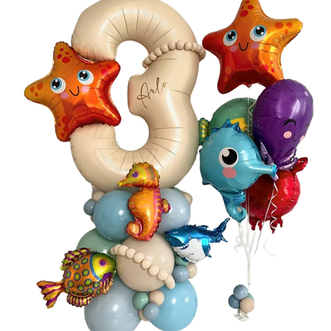 Balões de aniversário azuis de 40 polegadas com número 4 e mini animais marinhos