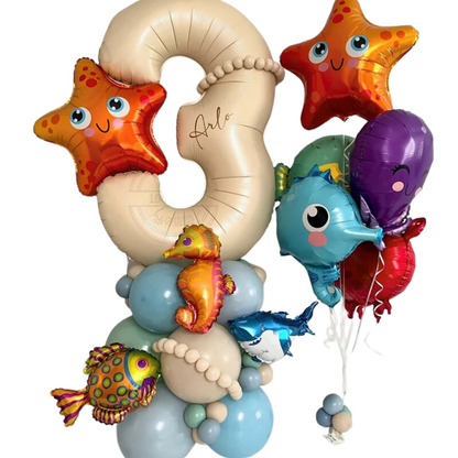 Balões de aniversário azuis de 40 polegadas com número 4 e mini animais marinhos