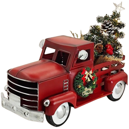Decorações de Natal de caminhão vermelho de fazenda, caminhonete vermelho