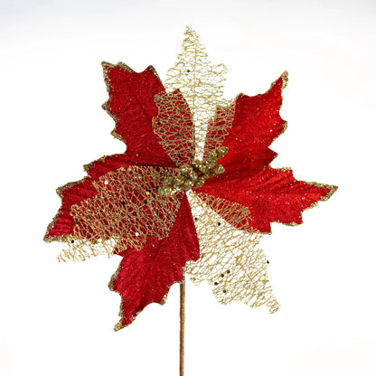 Artificial Brilho Natal Vermelho Kit 2 Flores Decoração Natal Artificial Brilho Vermelha 24cm