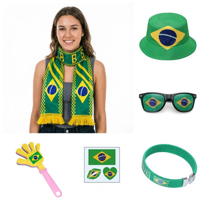 Kit Torcedor Brasil 6 Peças, Futebol Copa, Cachecol, Kit Torcedor Brasil Copa do Mundo