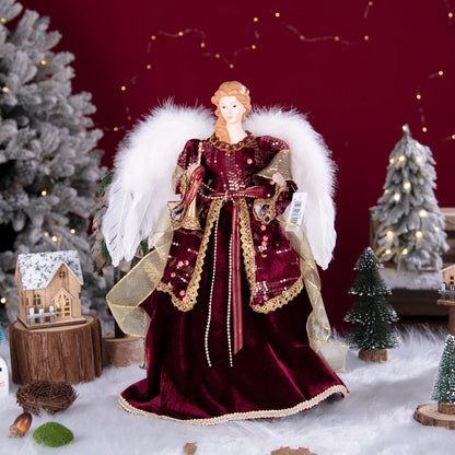 Enfeite de árvore de anjo de Natal asas douradas, elegante estatueta anjo vestido verde