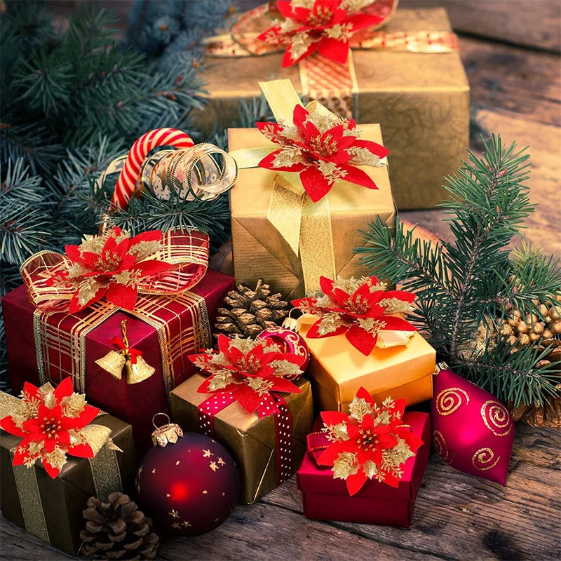 Flor de 5/10 Peças Poinsétia Artificial com Glitter e Enfeites de Natal para shopping