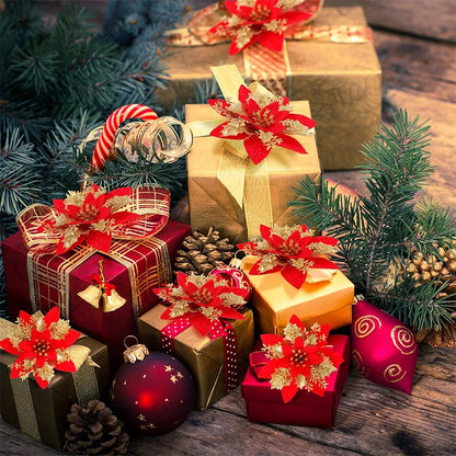 Flor de 5/10 Peças Poinsétia Artificial com Glitter e Enfeites de Natal para shopping