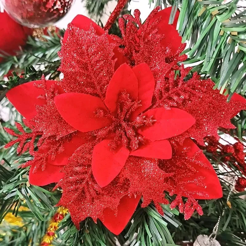 Flores Natal Glitter Artificial 5/10/20/30 peças de Poinsétia de Flores de Natal e Purpurina