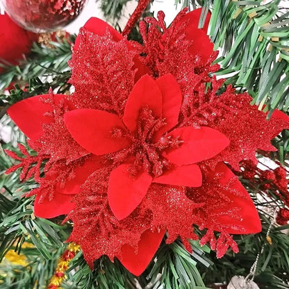 Flores Natal Glitter Artificial 5/10/20/30 peças de Poinsétia de Flores de Natal e Purpurina