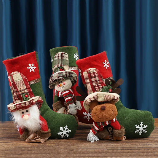 Kit 1 Meias de Natal 3D / Botas Decorativas com Papai Noel, Boneco de Neve e Rena