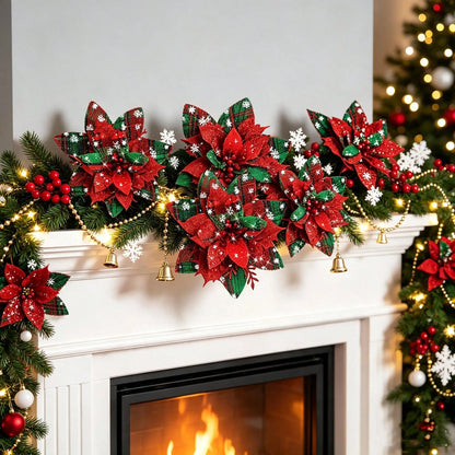 Flores de Natal Poinsétia Artificiais com Estampa Xadrez 6/10 peças Tamanho: 14cm*5.51 Pol.