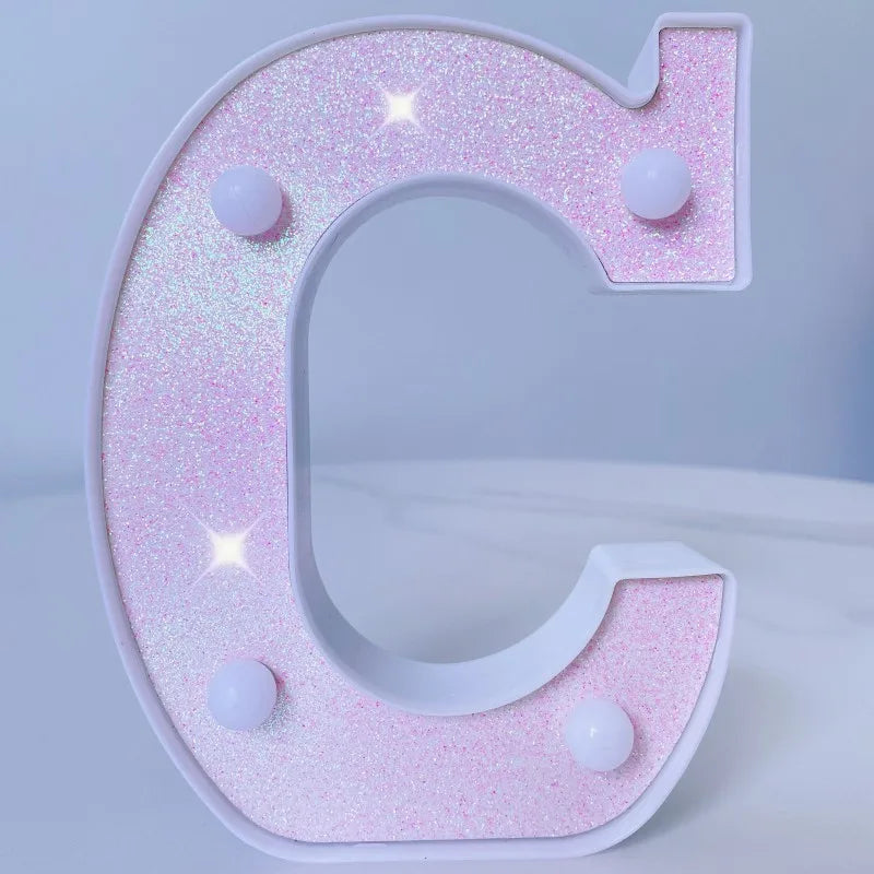 Letra de LED para letreiro de letreiro, letras rosa iluminadas com glitter alfabeto letrado