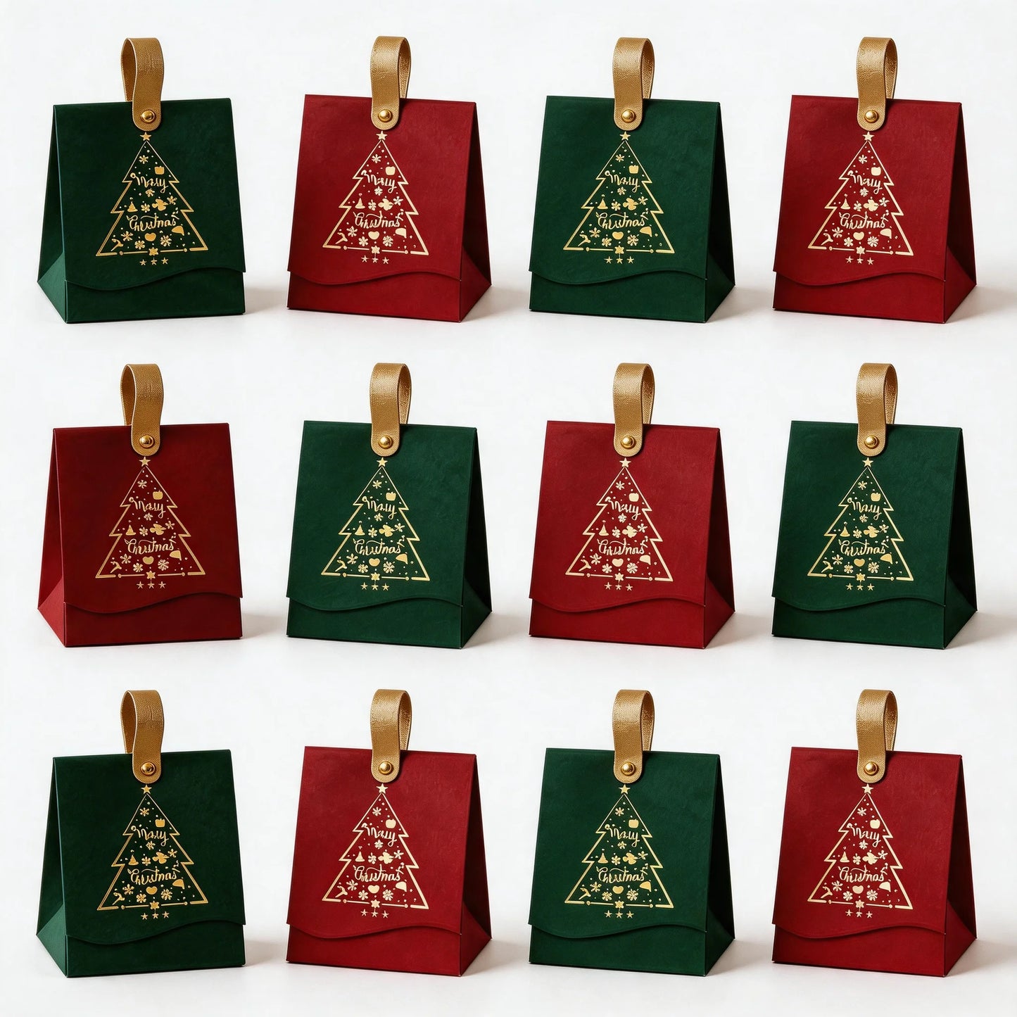 Caixas de Presente com Estampa de Árvore de Natal 12 Peças Alças de Couro Embalagem