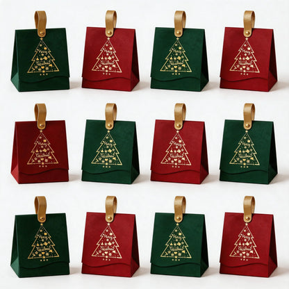 Caixas de Presente com Estampa de Árvore de Natal 12 Peças Alças de Couro Embalagem