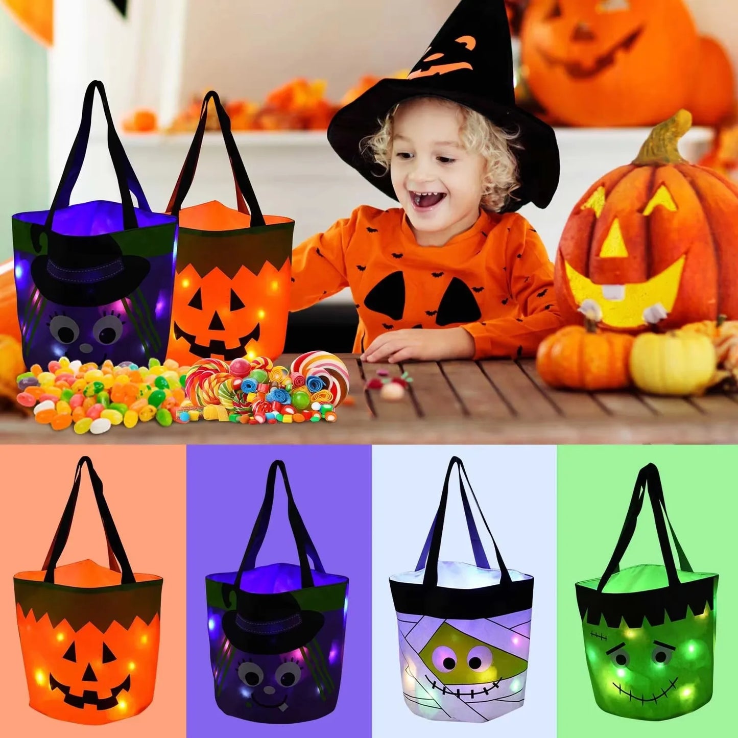 Cesta Dobrável Halloween 1 peças de luz de LED, sacos de doces ou travessuras Halloween