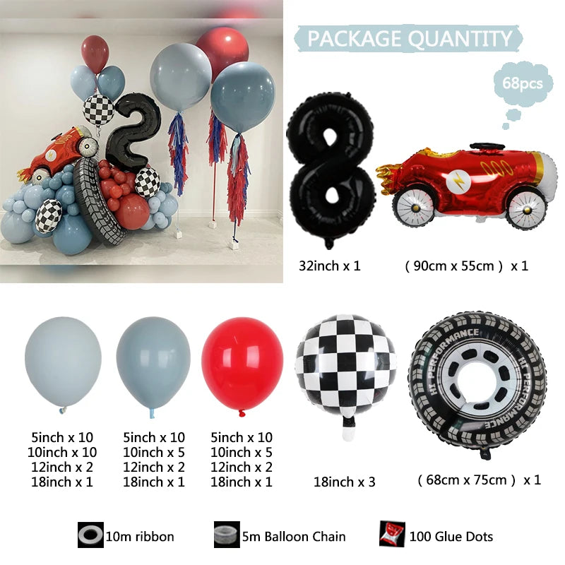 Kit Festa Hot Wheels 68 balões metalizados quadriculados vermelhos e brancos em formato