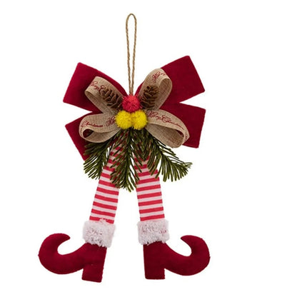 Enfeite Natalino de Pernas de Elfo com Laço e Pinha, Ideal para Pendurar em Árvores de Natal, Portas, Janelas