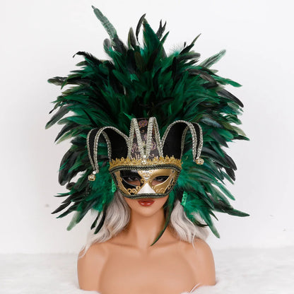 Máscara Veneziana Arlequim com Penacho de Plumas Pretas (Máscara de Bobo da Corte / Carnaval Veneziano)