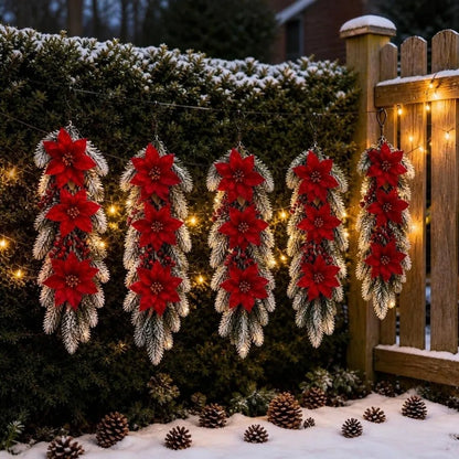 Enfeite é um Arranjo Pendente de Natal Artificial, Flores de Poinsétia Vermelho e Folhagem Pinheiro