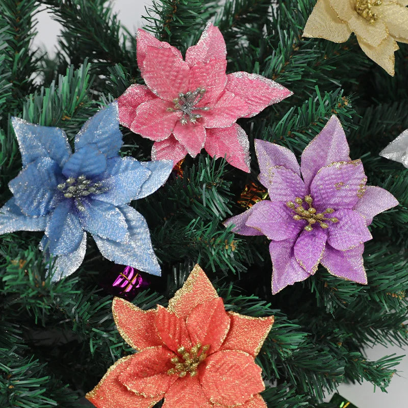Flores Natal Glitter Artificial 10/100 peças de Enfeite de Árvore de Natal de Poinsétia Glitter