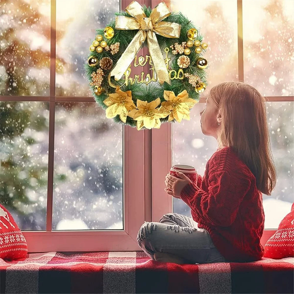 Guirlanda de Natal artificial, guirlanda de porta de entrada feita à mão com laço dourado