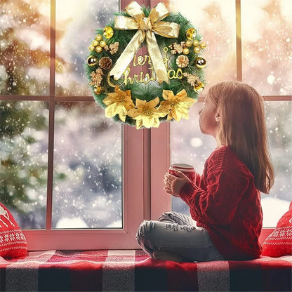Guirlanda de Natal artificial, guirlanda de porta de entrada feita à mão com laço dourado