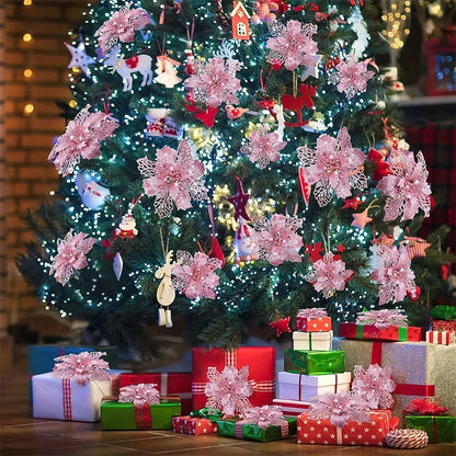 12 peças de flores artificiais de Natal de poinsétia com clipes, enfeites de Natal