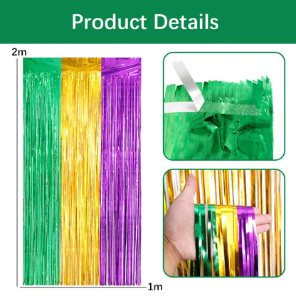 Pacote com 2 cortinas de franja de folha de carnaval 1 m x 2,5 m verde roxo dourado