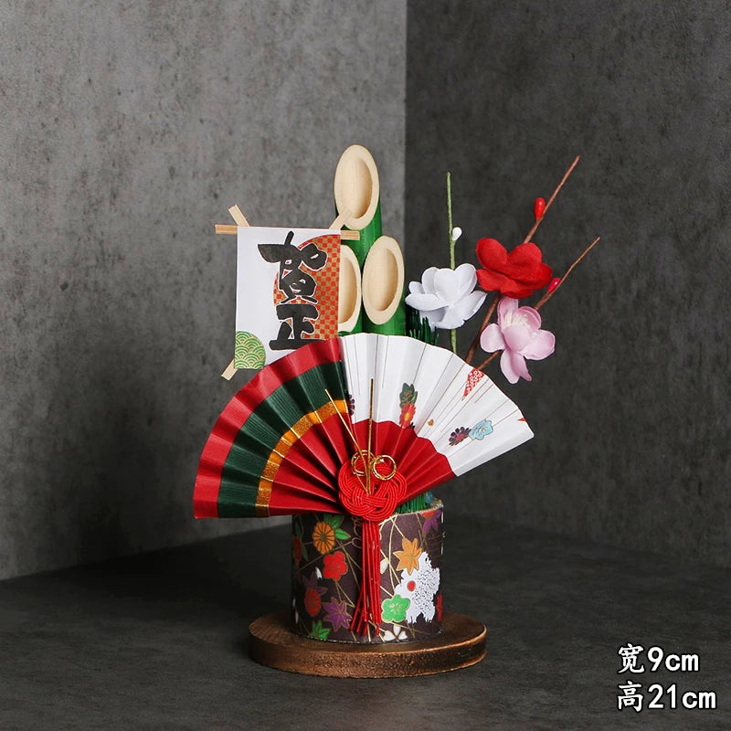 Vaso Três Tubos Leque Dourado com Placa de Madeira, Adorno de Mesa de Ano Novo Japonês (Kadomatsu)