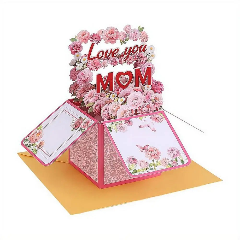 Cartão pop-up feliz Dia das Mães, buquê de flores 3D cartão comemorativo com envelope